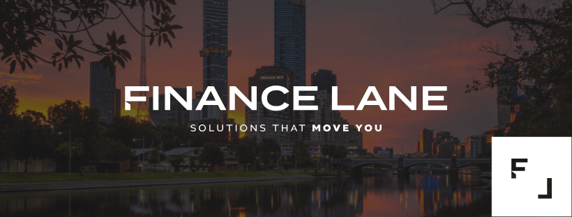 Finance Lane logo displayed over a city skyline at sunset with river reflections. Myth